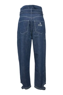 True indigo cotton denim paper-bag waist tapered leg pants with snap buckle belt and tab cuffs