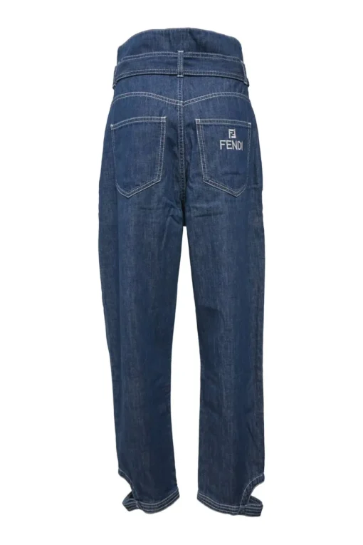 True indigo cotton denim paper-bag waist tapered leg pants with snap buckle belt and tab cuffs
