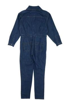 True indigo cotton denim funnel collar button-front darted coveralls with chest patch pocket