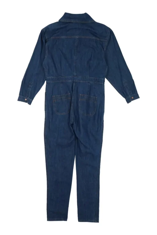 True indigo cotton denim funnel collar button-front darted coveralls with chest patch pocket