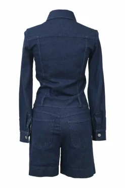 True indigo cotton denim button-front collared romper with guipure lace placket insert