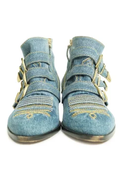 True indigo cotton denim and leather Susanna zip-up ankle boots with stacked buckle vamp straps