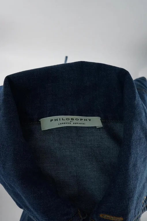 True indigo cotton denim funnel collar button-front darted coveralls with chest patch pocket