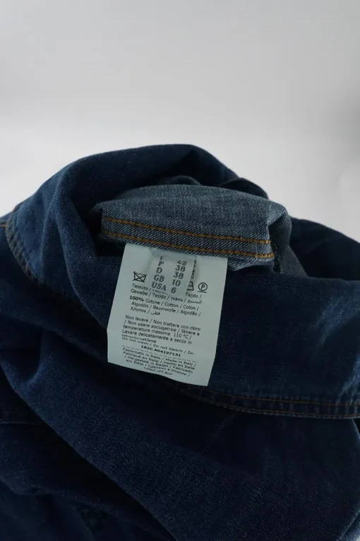 True indigo cotton denim funnel collar button-front darted coveralls with chest patch pocket