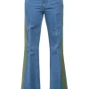True indigo cotton-blend denim pull-on low-rise flared jeans featuring side seam webbing detail