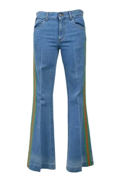True indigo cotton-blend denim pull-on low-rise flared jeans featuring side seam webbing detail