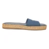 True indigo denim, leather and raffia flatform slide sandals