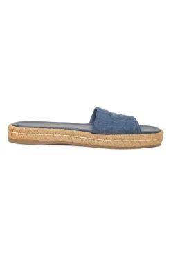 True indigo denim, leather and raffia flatform slide sandals