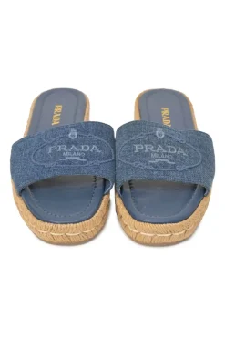 True indigo denim, leather and raffia flatform slide sandals