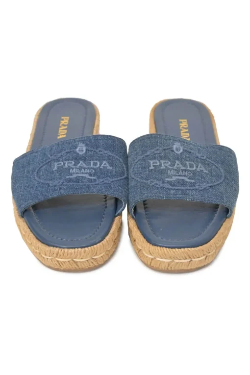 True indigo denim, leather and raffia flatform slide sandals