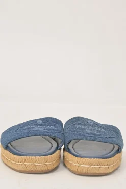 True indigo denim, leather and raffia flatform slide sandals