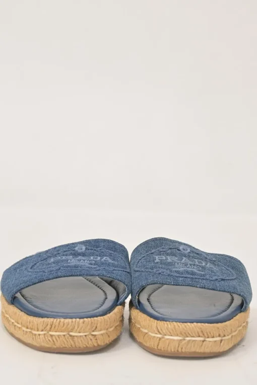 True indigo denim, leather and raffia flatform slide sandals
