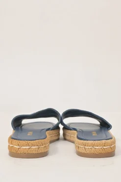 True indigo denim, leather and raffia flatform slide sandals
