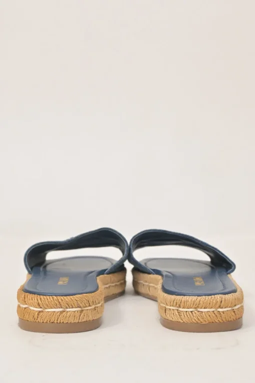 True indigo denim, leather and raffia flatform slide sandals