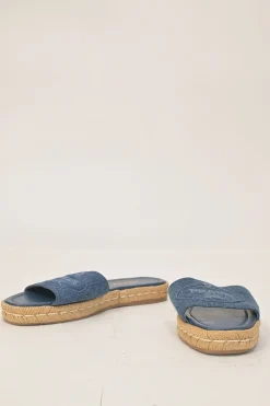 True indigo denim, leather and raffia flatform slide sandals