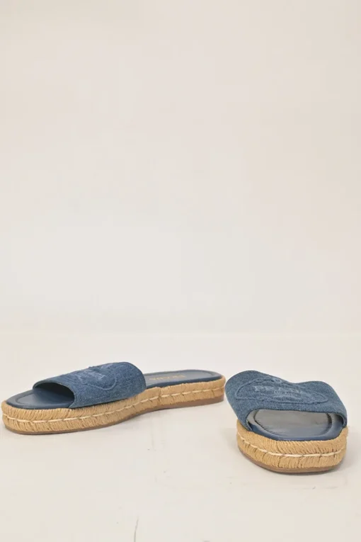 True indigo denim, leather and raffia flatform slide sandals