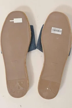 True indigo denim, leather and raffia flatform slide sandals