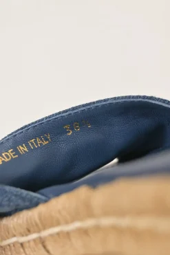 True indigo denim, leather and raffia flatform slide sandals