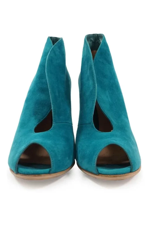 Turquoise suede and leather open-toe ankle booties