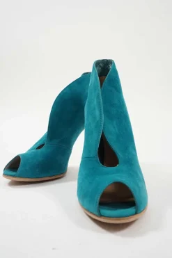 Turquoise suede and leather open-toe ankle booties