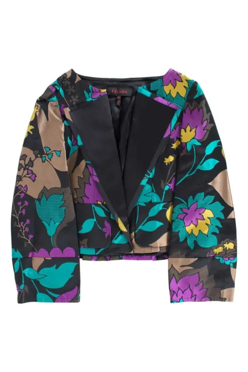 Two piece jacket &amp; skirt suit in silk blend in black with flower jacquard pattern. Cropped single button jacket with small patch pockets