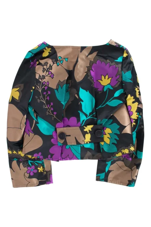Two piece jacket &amp; skirt suit in silk blend in black with flower jacquard pattern. Cropped single button jacket with small patch pockets