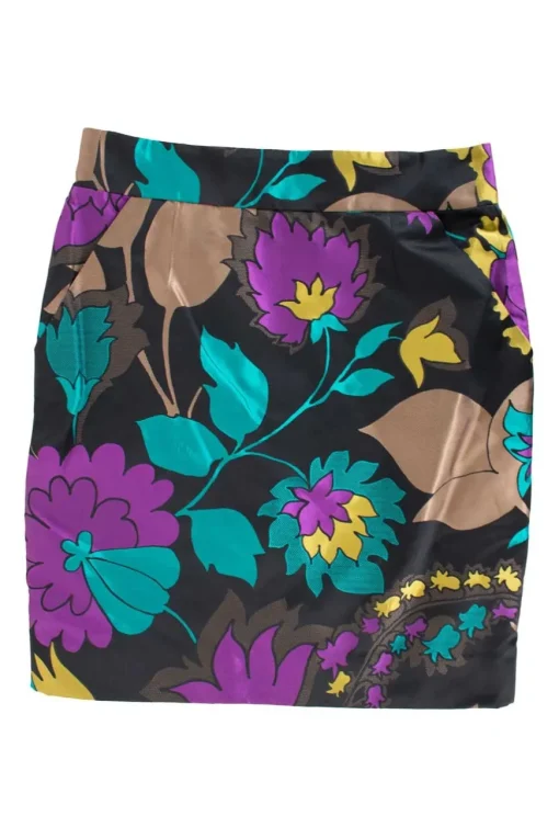 Two piece jacket &amp; skirt suit in silk blend in black with flower jacquard pattern. Cropped single button jacket with small patch pockets