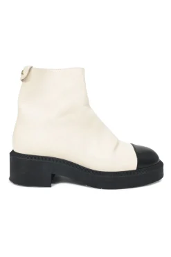 Two-tone calfskin leather logo ankle boots with contrasting leather toe cap and soles