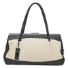Two-tone canvas and leather frame shoulder bag with metallic push-lock closure
