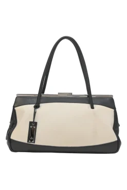 Two-tone canvas and leather frame shoulder bag with metallic push-lock closure