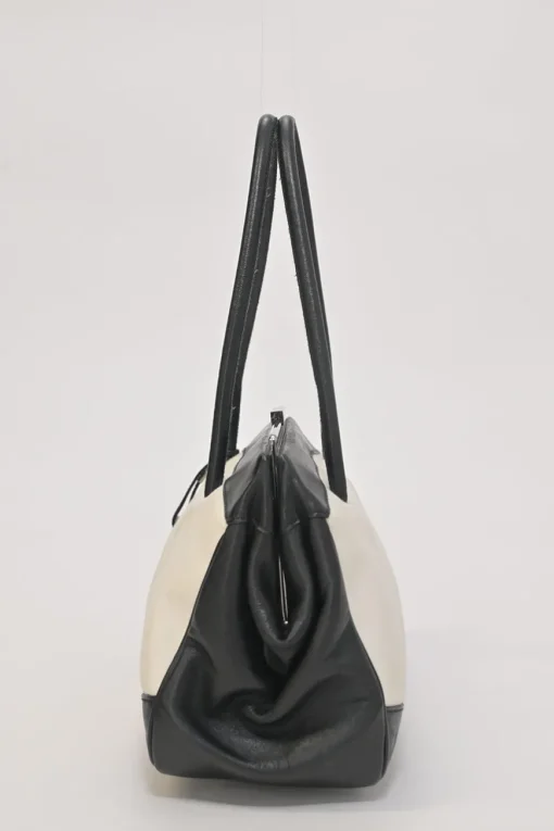 Two-tone canvas and leather frame shoulder bag with metallic push-lock closure