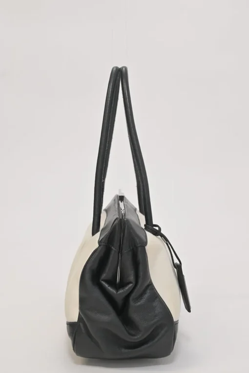 Two-tone canvas and leather frame shoulder bag with metallic push-lock closure