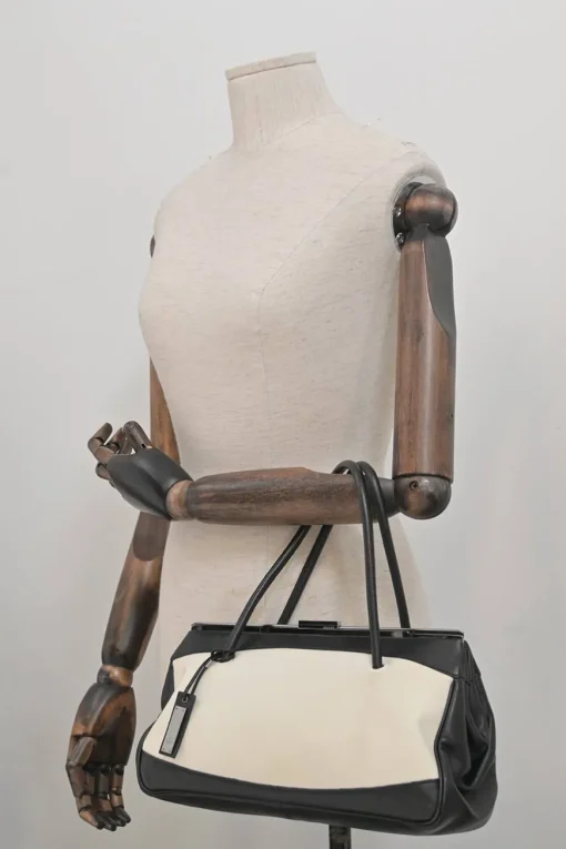Two-tone canvas and leather frame shoulder bag with metallic push-lock closure
