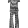 Two-tone cotton-blend drop-stitch pointelle short sleeve knit top and high-rise wide-leg pants two-piece set