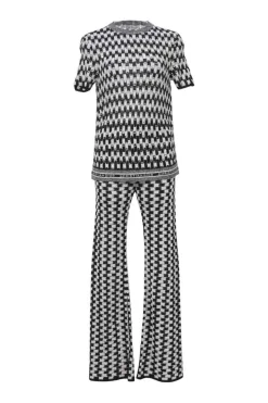 Two-tone cotton-blend drop-stitch pointelle short sleeve knit top and high-rise wide-leg pants two-piece set