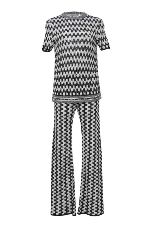Two-tone cotton-blend drop-stitch pointelle short sleeve knit top and high-rise wide-leg pants two-piece set