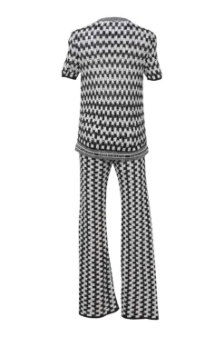 Two-tone cotton-blend drop-stitch pointelle short sleeve knit top and high-rise wide-leg pants two-piece set