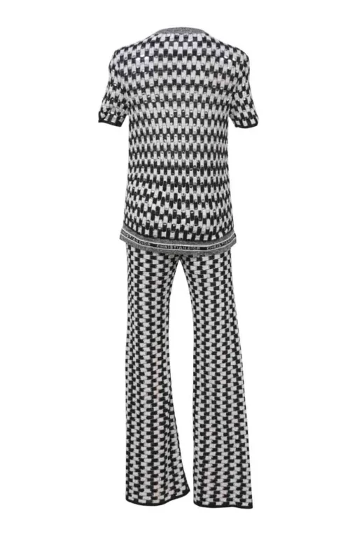 Two-tone cotton-blend drop-stitch pointelle short sleeve knit top and high-rise wide-leg pants two-piece set