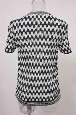 Two-tone cotton-blend drop-stitch pointelle short sleeve knit top and high-rise wide-leg pants two-piece set