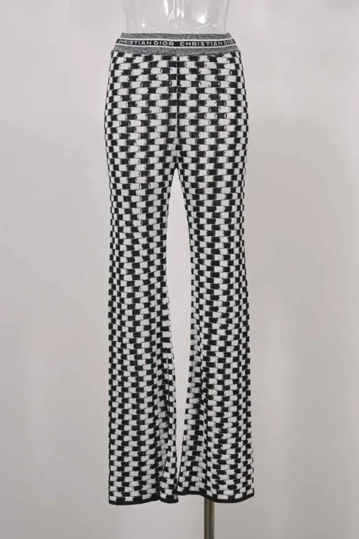 Two-tone cotton-blend drop-stitch pointelle short sleeve knit top and high-rise wide-leg pants two-piece set