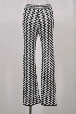 Two-tone cotton-blend drop-stitch pointelle short sleeve knit top and high-rise wide-leg pants two-piece set