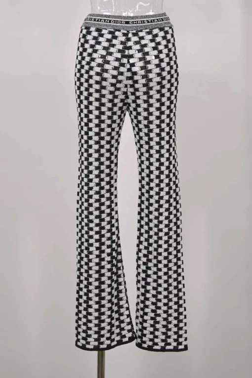 Two-tone cotton-blend drop-stitch pointelle short sleeve knit top and high-rise wide-leg pants two-piece set