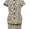 Two-tone halftone floral print two-piece set featuring spread collar button-front short sleeve jacket and mini pencil skirt