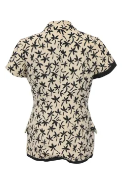 Two-tone halftone floral print two-piece set featuring spread collar button-front short sleeve jacket and mini pencil skirt