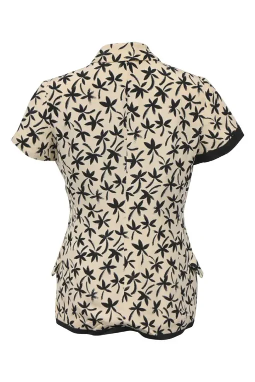 Two-tone halftone floral print two-piece set featuring spread collar button-front short sleeve jacket and mini pencil skirt