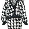 Two-tone houndstooth double-face nylon-blend ponte knit cardigan and pull-on mini pencil skirt two-piece set