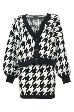 Two-tone houndstooth double-face nylon-blend ponte knit cardigan and pull-on mini pencil skirt two-piece set