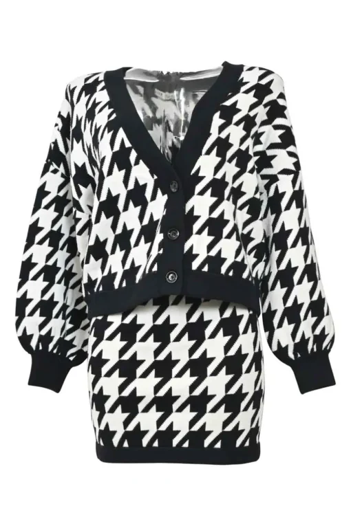 Two-tone houndstooth double-face nylon-blend ponte knit cardigan and pull-on mini pencil skirt two-piece set