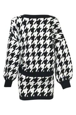 Two-tone houndstooth double-face nylon-blend ponte knit cardigan and pull-on mini pencil skirt two-piece set