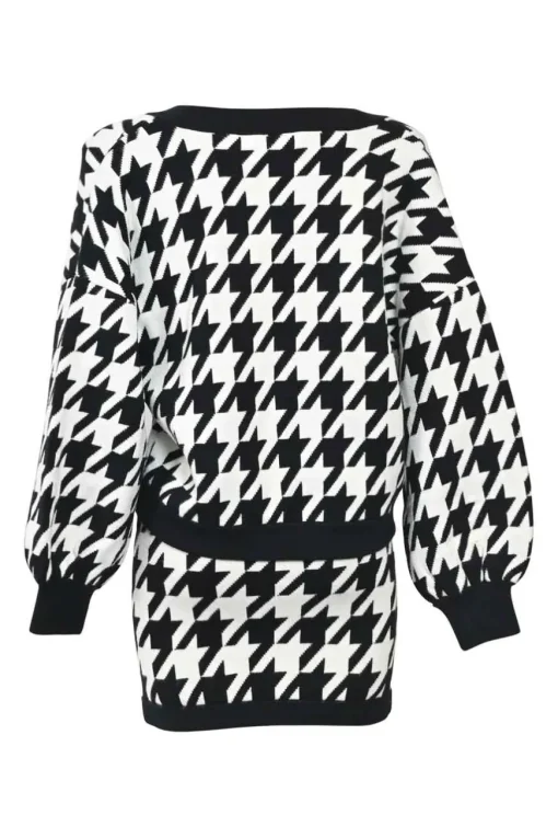 Two-tone houndstooth double-face nylon-blend ponte knit cardigan and pull-on mini pencil skirt two-piece set